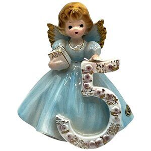Vintage Josef Originals Birthday Angel Age 5 Blue Dress Holding Book Label Japan